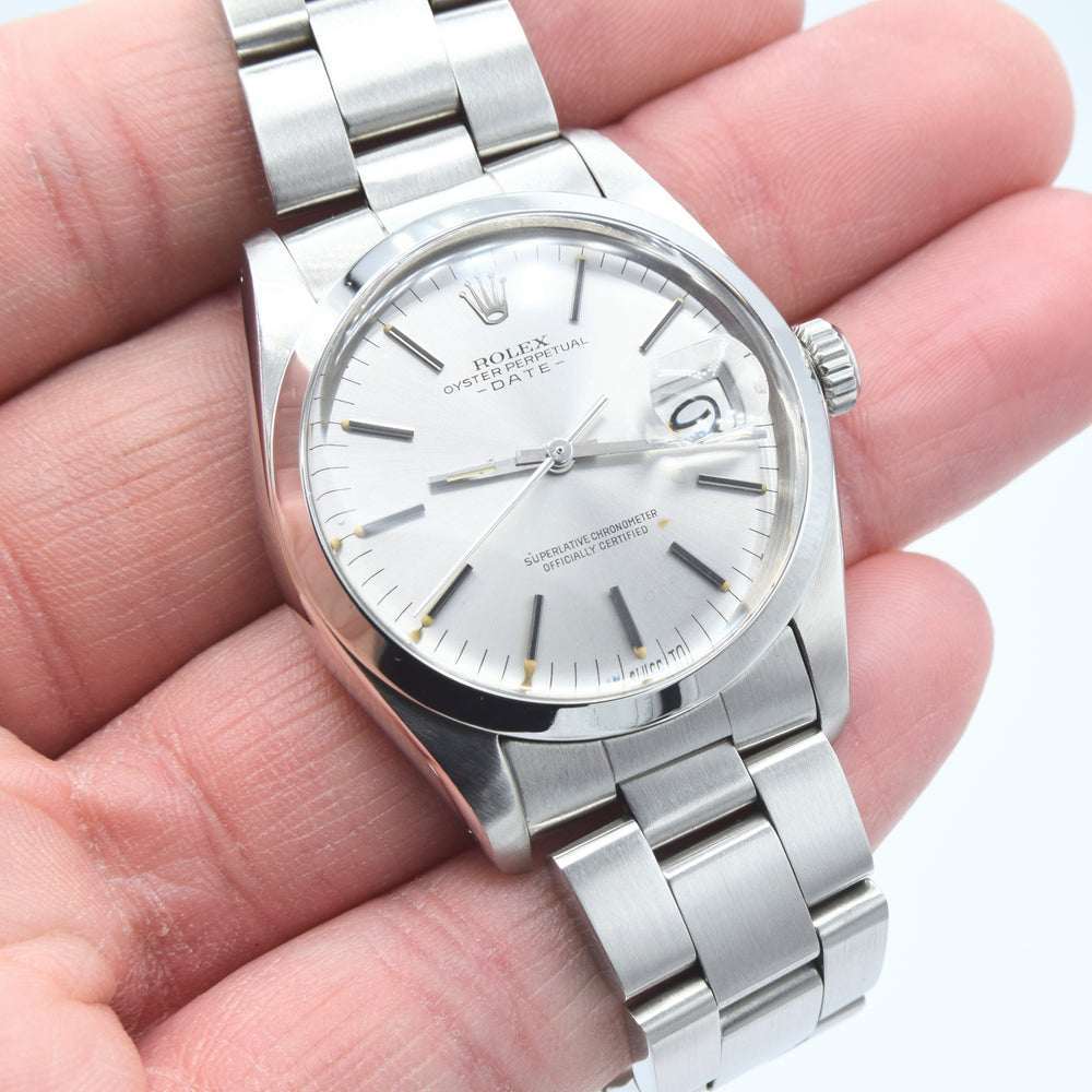 1977-78 Rolex Oyster Perpetual Date Model 1500 with Satin Silver "Sigma Dial" in Stainless Steel on Heavy Oyster Bracelet