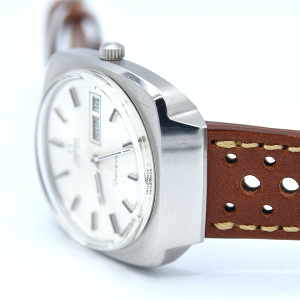 1975 Omega Genève Automatic Large Day/Date Model 166.0170 with Silvered Dial in Stainless Steel with Hooded Lugs