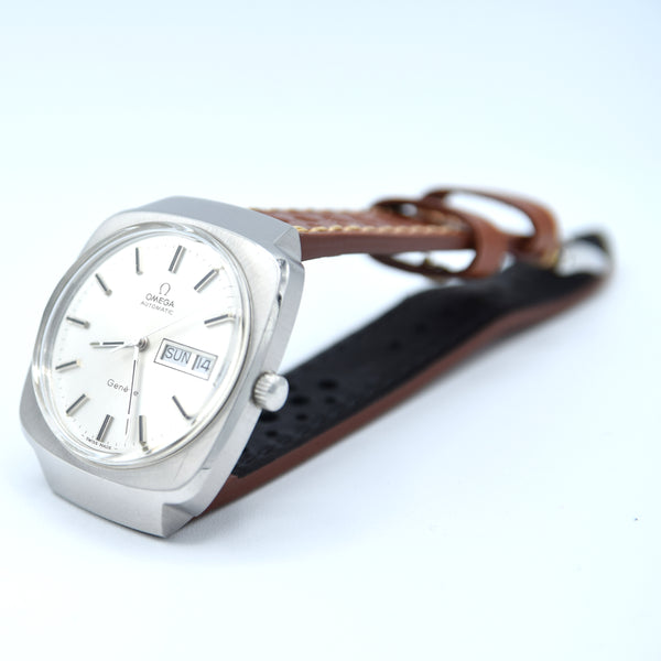 1975 Omega Genève Automatic Large Day/Date Model 166.0170 with Silvered Dial in Stainless Steel with Hooded Lugs