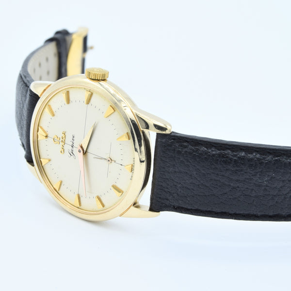 1956 Omega Geneve in Solid 9ct Gold with Original Two-Tone Dial Cross Hair Dial & Arrow Batons