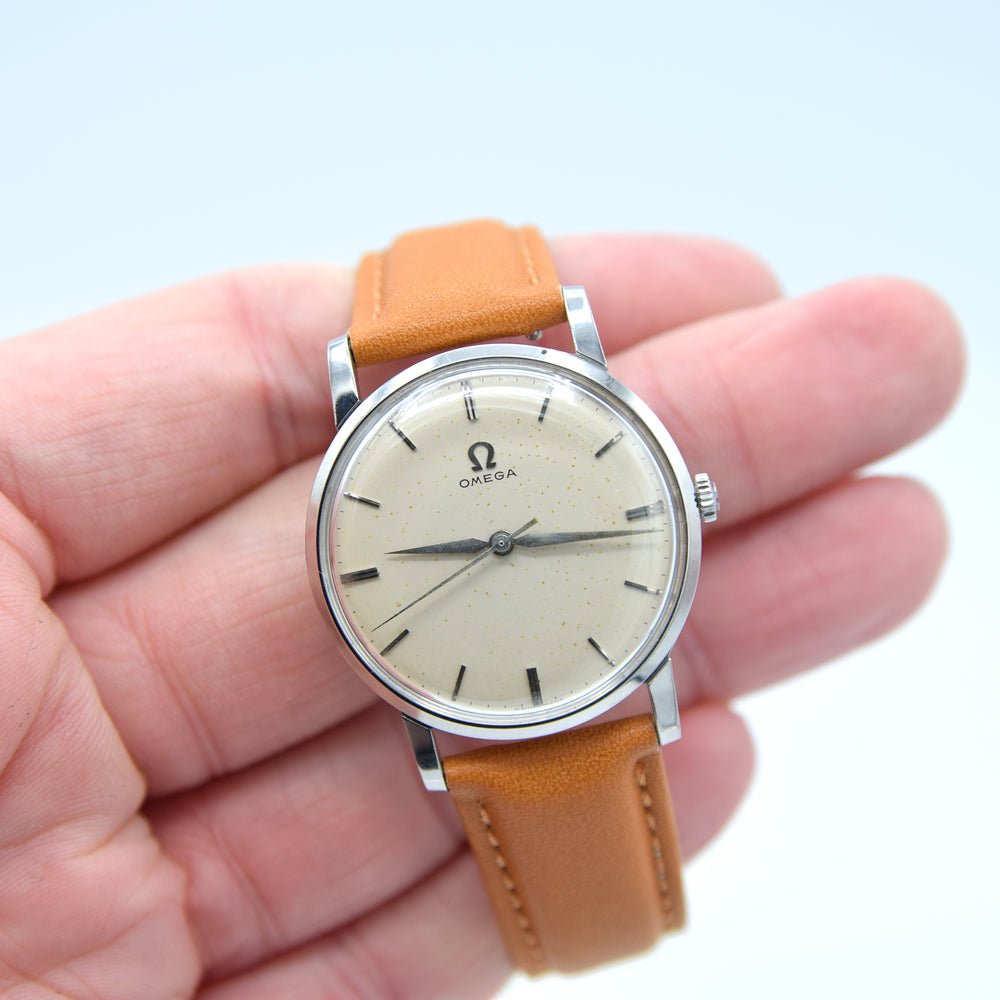 1958 Omega Manual Wind Model 14387 in Stainless Steel with Box and Buckle