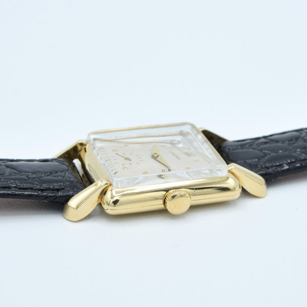 (RESERVED)1949 Longines Solid 18ct Gold Square Dress Watch with Scalloped Lugs and Mixed Dot and Arabic Numerals