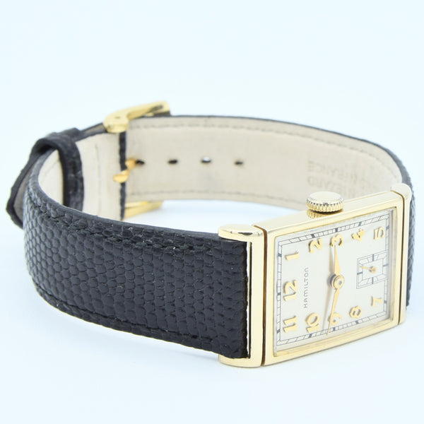 1940 Hamilton High Grade Wadsworth Deco Rectangular Wristwatch with Arabic Numerals in Solid 14ct Gold