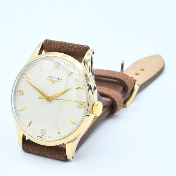 1956/7 Longines Solid 9ct Gold Dress Watch with Mixed Arrow and Arabic Numerals Model 13322 Cal 1268zs