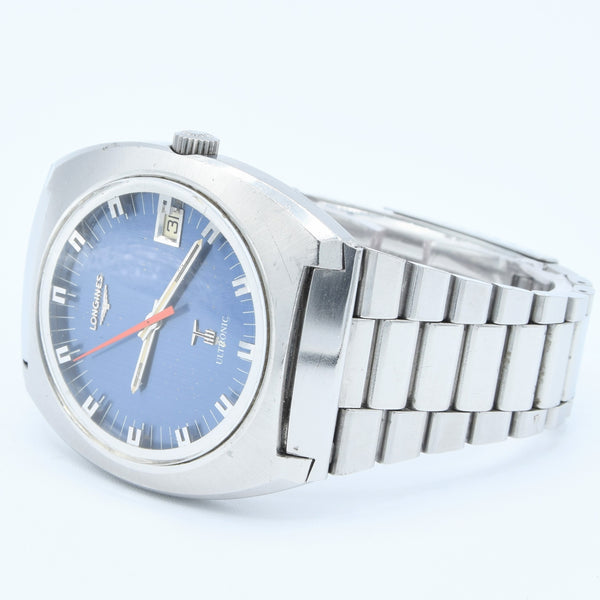 1976 Longines Large Ultronic Date Tonneau Wristwatch with Electric Blue Dial Model 8479 in Stainless Steel Case on Bracelet with Box