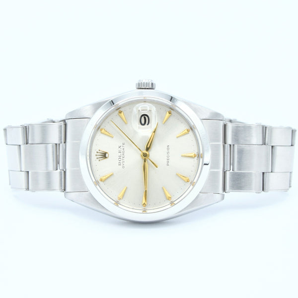 1963 Rolex Oyster Date Precision Model 6694 with Satin Silver Dial and Arrow Markers in Stainless Steel on Oyster Bracelet