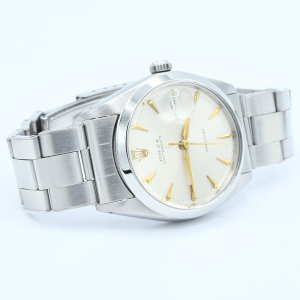 1963 Rolex Oyster Date Precision Model 6694 with Satin Silver Dial and Arrow Markers in Stainless Steel on Oyster Bracelet