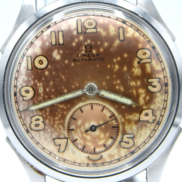 1943 Omega Bumper Automatic with Pancake Dial and Rare Arabic Numerals Model 2375 in Stainless Steel with Vintage Strap and Original Buckle