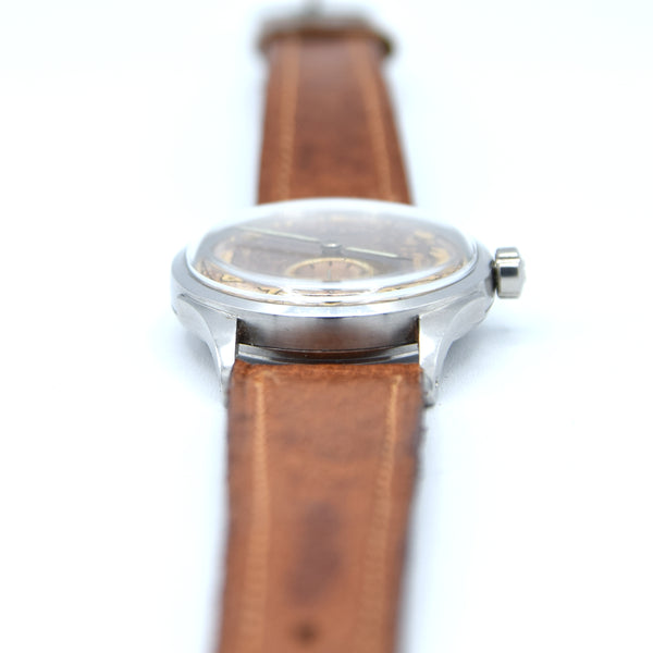 1943 Omega Bumper Automatic with Pancake Dial and Rare Arabic Numerals Model 2375 in Stainless Steel with Vintage Strap and Original Buckle