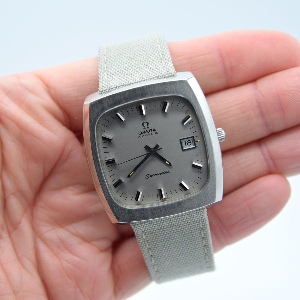 1973 Large Square Omega Seamaster Automatic Date Model 166.0138 in Stainless Steel