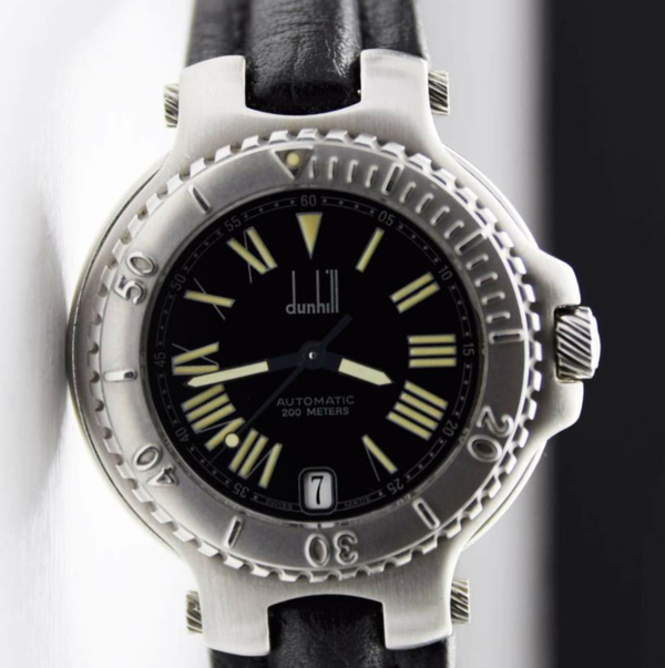 Dunhill Sport Diver Date with Rare Black Dial with Roman Numerals in Stainless Steel on Original Strap with Delpoyment Circa 1990s