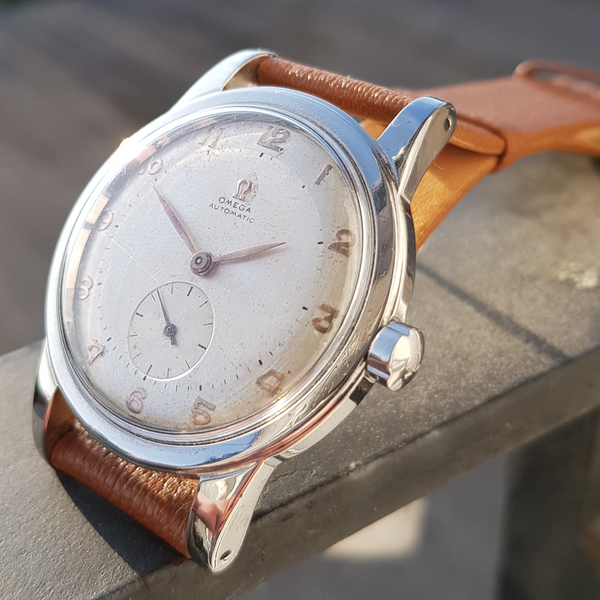 1950 Omega Large Automatic Bumper with Arabic Dial Jumbo Model 2493 in Stainless Steel Case with Archive Extract