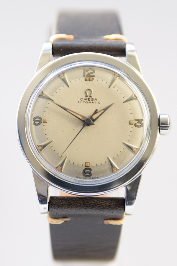 1949 Omega Automatic Bumper with Fabulous Original Two Tone Dial Model 2577 in Stainless Steel