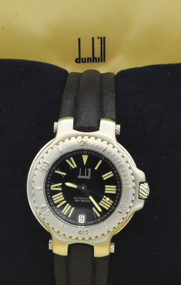 Dunhill Sport Diver Date with Rare Black Dial with Roman Numerals in Stainless Steel on Original Strap with Delpoyment Circa 1990s