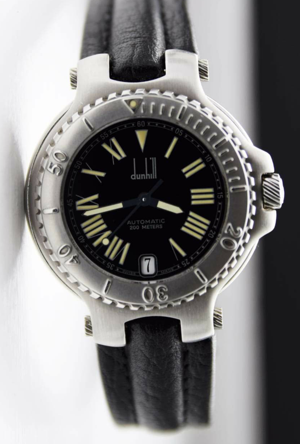 Dunhill Sport Diver Date with Rare Black Dial with Roman Numerals in Stainless Steel on Original Strap with Delpoyment Circa 1990s