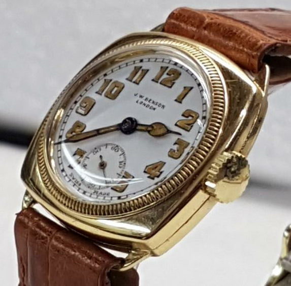 JW Benson Submarine Watch with Enamel Dial and Arabic Numerals in 18ct Gold Cushion Case Circa 1930s