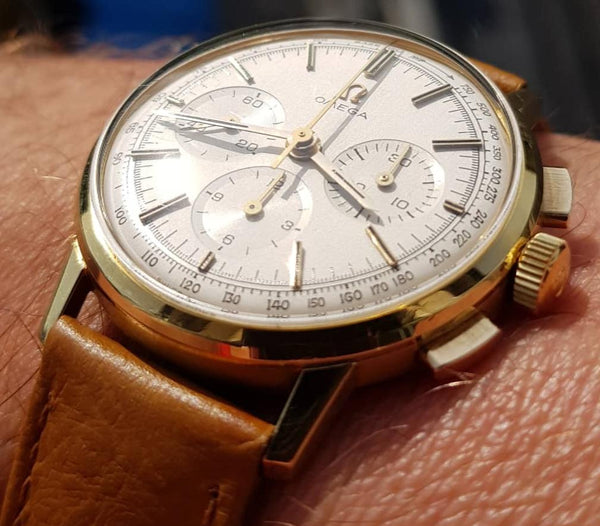 1963 Rare Omega Chronograph in 18ct Gold Model 101.010.63 with Omega Buckle and Box