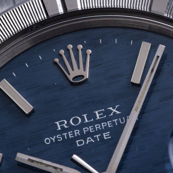 1971 Rolex Oyster Perpetual Date Model 1501 with Mosaic Blue Dial and Engine-Turned Bezel in Stainless Steel