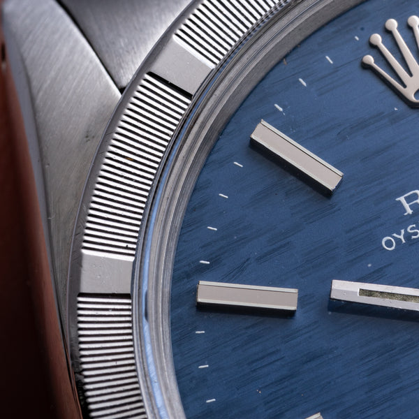 1971 Rolex Oyster Perpetual Date Model 1501 with Mosaic Blue Dial and Engine-Turned Bezel in Stainless Steel