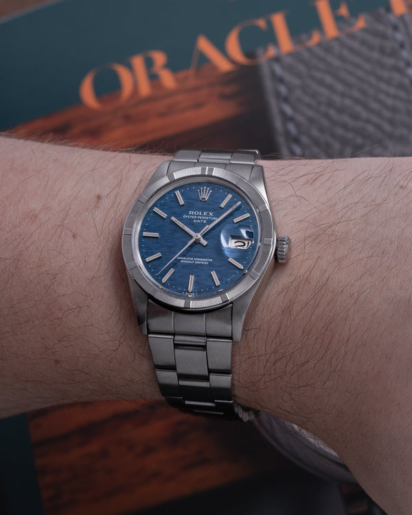 1971 Rolex Oyster Perpetual Date Model 1501 with Mosaic Blue Dial and Engine-Turned Bezel in Stainless Steel