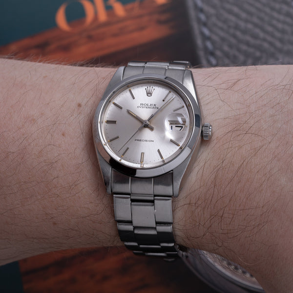 1966 Rolex Oyster Date Precision Classic Model 6694 with Satin Silver Dial and Chrome Markers in Stainless Steel on Oyster Bracelet