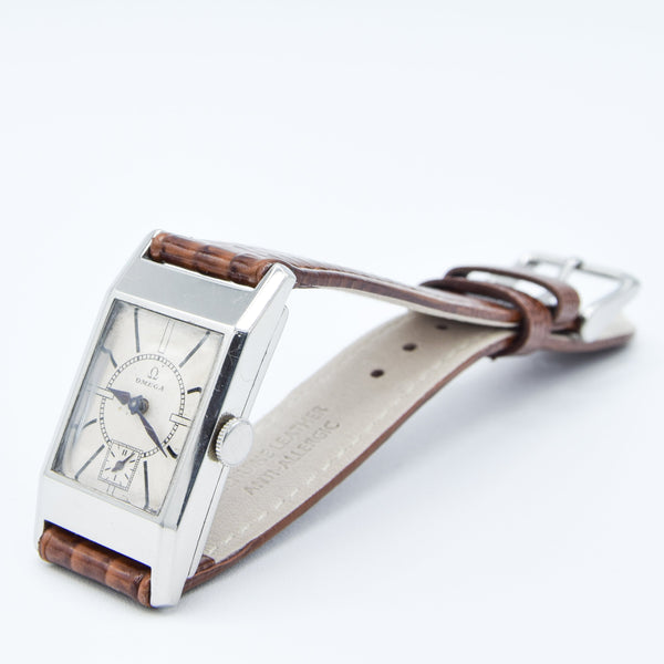 Omega Deco Style Tank Wristwatch Caliber 20F in Stainless Steel Case with Sunrise Dial Circa 1934