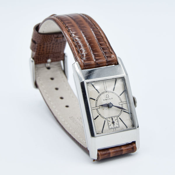 Omega Deco Style Tank Wristwatch Caliber 20F in Stainless Steel Case with Sunrise Dial Circa 1934