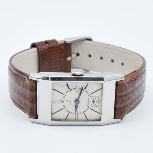 Omega Deco Style Tank Wristwatch Caliber 20F in Stainless Steel Case with Sunrise Dial Circa 1934