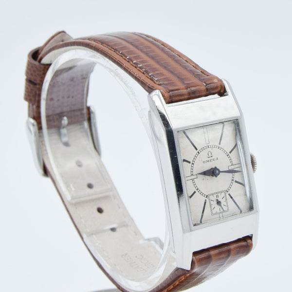 Omega Deco Style Tank Wristwatch Caliber 20F in Stainless Steel Case with Sunrise Dial Circa 1934
