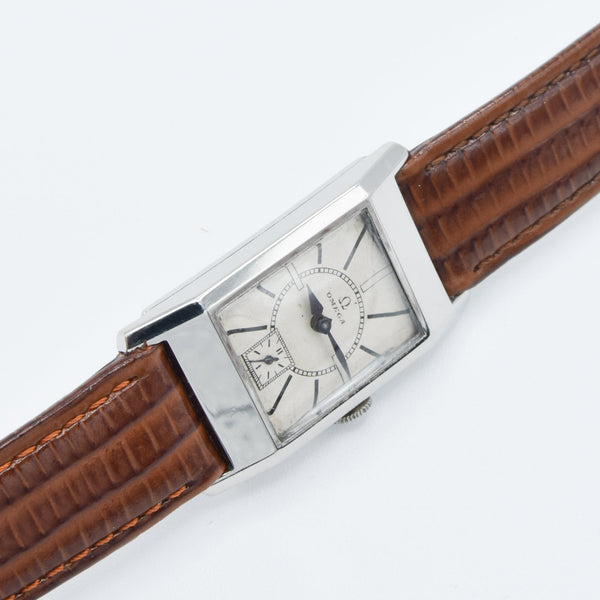 Omega Deco Style Tank Wristwatch Caliber 20F in Stainless Steel Case with Sunrise Dial Circa 1934