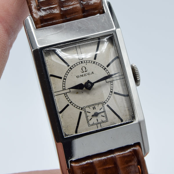 Omega Deco Style Tank Wristwatch Caliber 20F in Stainless Steel Case with Sunrise Dial Circa 1934