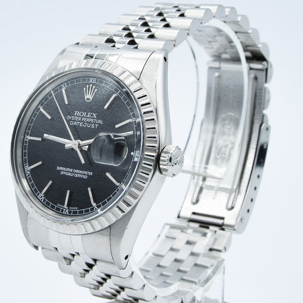 1979 Stunning Rolex Steel Oyster Perpetual Datejust Engine Turned Bezel & Black Dial Model 16030 with Box, Book & History