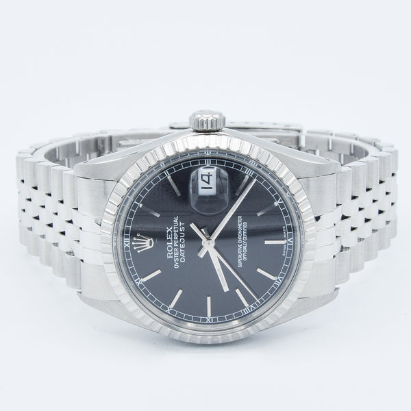 1979 Stunning Rolex Steel Oyster Perpetual Datejust Engine Turned Bezel & Black Dial Model 16030 with Box, Book & History