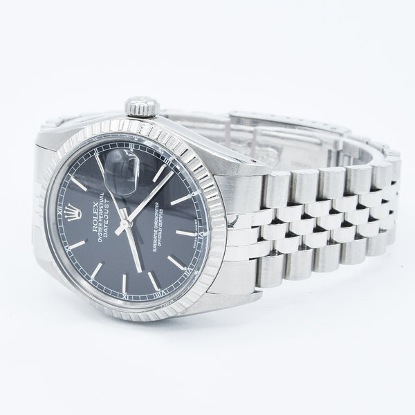 1979 Stunning Rolex Steel Oyster Perpetual Datejust Engine Turned Bezel & Black Dial Model 16030 with Box, Book & History