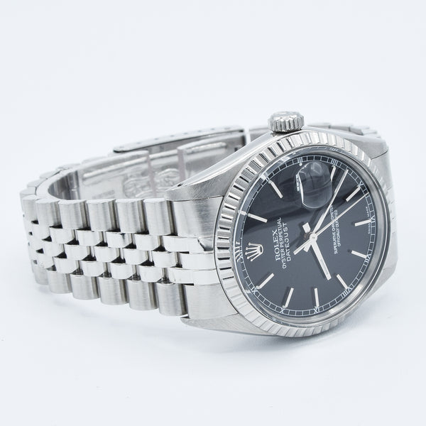 1979 Stunning Rolex Steel Oyster Perpetual Datejust Engine Turned Bezel & Black Dial Model 16030 with Box, Book & History