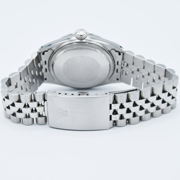 1979 Stunning Rolex Steel Oyster Perpetual Datejust Engine Turned Bezel & Black Dial Model 16030 with Box, Book & History