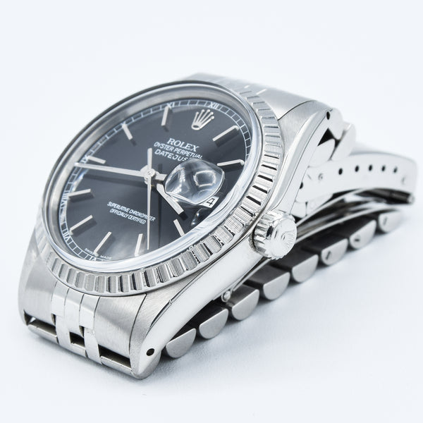 1979 Stunning Rolex Steel Oyster Perpetual Datejust Engine Turned Bezel & Black Dial Model 16030 with Box, Book & History