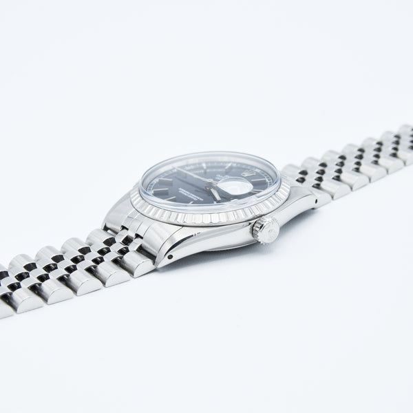 1979 Stunning Rolex Steel Oyster Perpetual Datejust Engine Turned Bezel & Black Dial Model 16030 with Box, Book & History