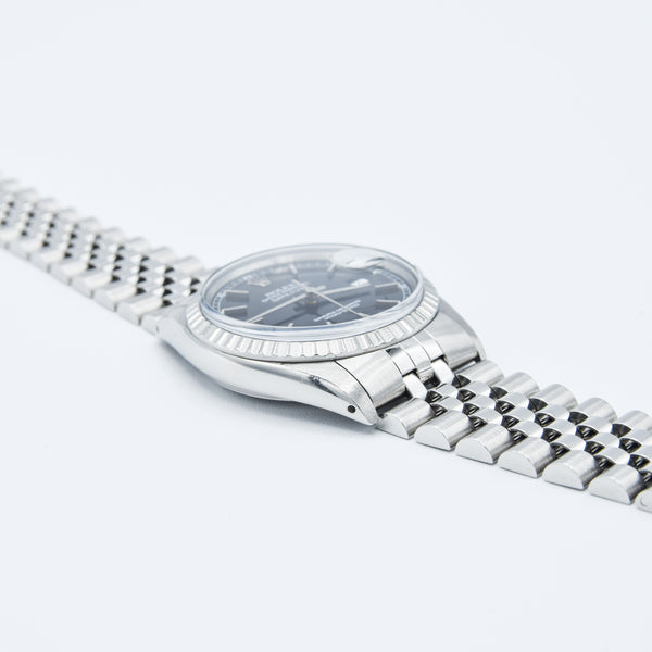 1979 Stunning Rolex Steel Oyster Perpetual Datejust Engine Turned Bezel & Black Dial Model 16030 with Box, Book & History