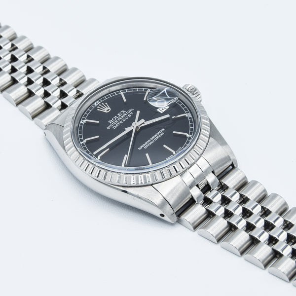 1979 Stunning Rolex Steel Oyster Perpetual Datejust Engine Turned Bezel & Black Dial Model 16030 with Box, Book & History