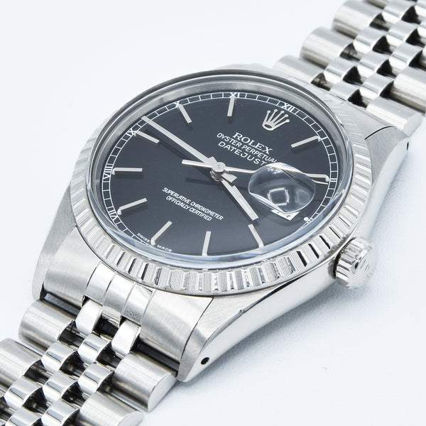 1979 Stunning Rolex Steel Oyster Perpetual Datejust Engine Turned Bezel & Black Dial Model 16030 with Box, Book & History