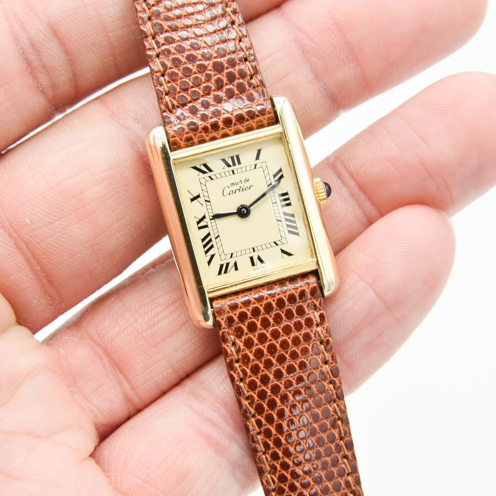 1980s Cartier Ladies Tank 925 Sterling Silver Gilt Vermeil Mechanical Manual Wind with Classic Roman Dial