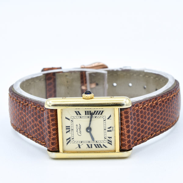1980s Cartier Ladies Tank 925 Sterling Silver Gilt Vermeil Mechanical Manual Wind with Classic Roman Dial