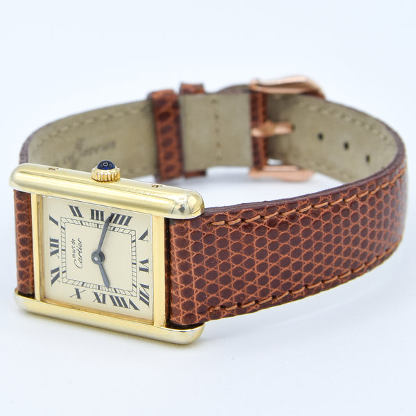 1980s Cartier Ladies Tank 925 Sterling Silver Gilt Vermeil Mechanical Manual Wind with Classic Roman Dial
