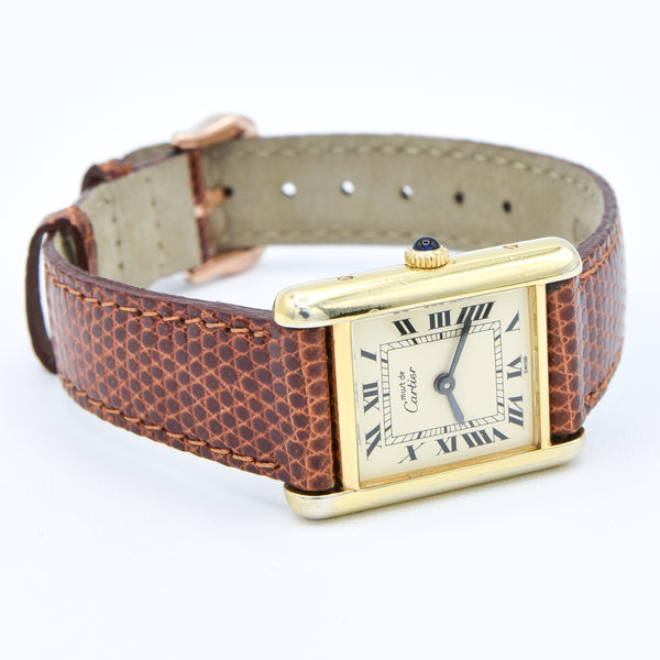 1980s Cartier Ladies Tank 925 Sterling Silver Gilt Vermeil Mechanical Manual Wind with Classic Roman Dial
