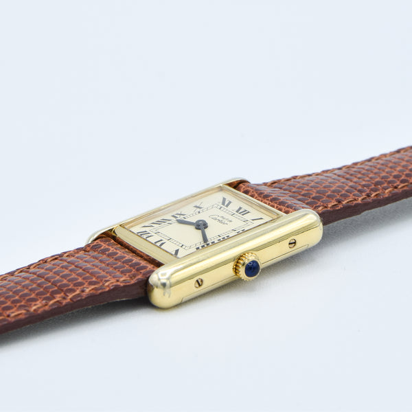 1980s Cartier Ladies Tank 925 Sterling Silver Gilt Vermeil Mechanical Manual Wind with Classic Roman Dial