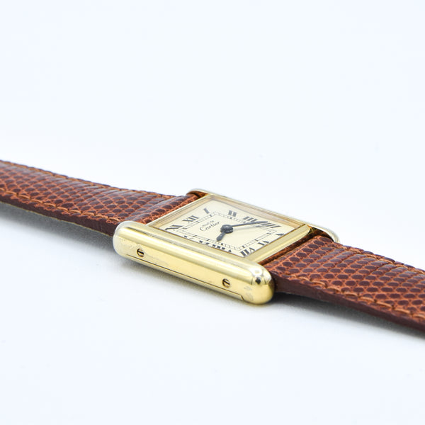 1980s Cartier Ladies Tank 925 Sterling Silver Gilt Vermeil Mechanical Manual Wind with Classic Roman Dial