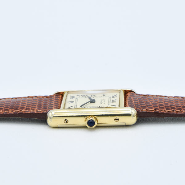 1980s Cartier Ladies Tank 925 Sterling Silver Gilt Vermeil Mechanical Manual Wind with Classic Roman Dial