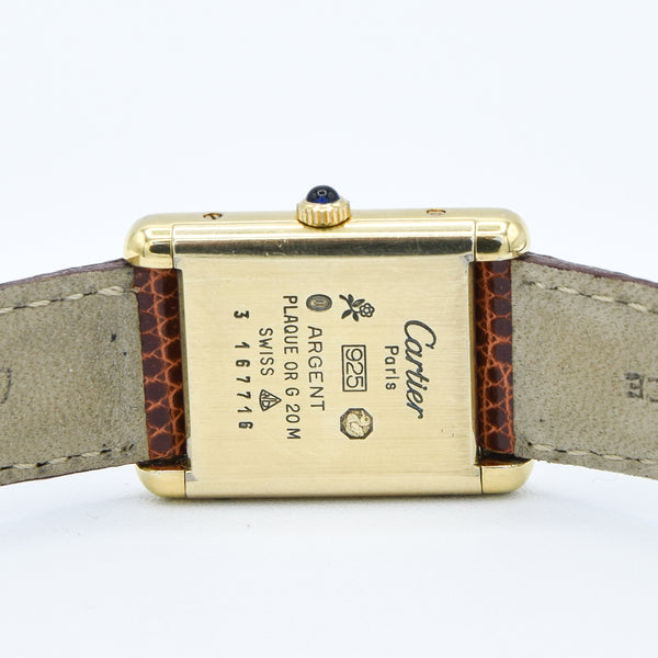 1980s Cartier Ladies Tank 925 Sterling Silver Gilt Vermeil Mechanical Manual Wind with Classic Roman Dial