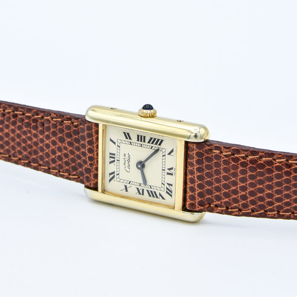 1980s Cartier Ladies Tank 925 Sterling Silver Gilt Vermeil Mechanical Manual Wind with Classic Roman Dial